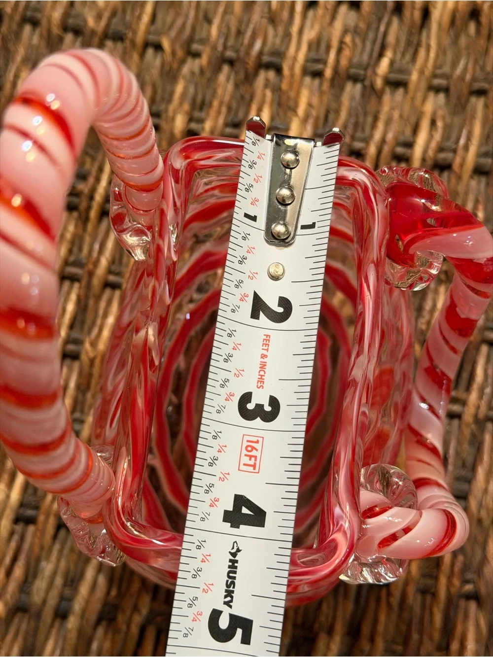 Hand Blown Art Glass Purse Sculpture Pink Red Candy Stripe Handbag Decorative